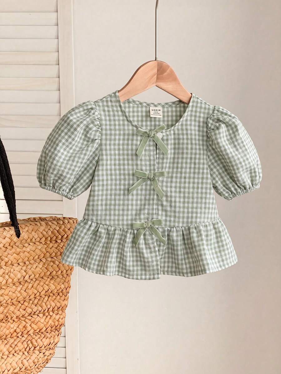 SHEIN 女婴可爱百搭格子蝴蝶结短袖上衣,夏季 - 薄荷綠 - 查看 1