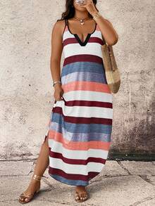 Breezaya Casual Comfortable Striped Fabric Special Shoulder Strap Design Plus Size Dress, Suitable For Spring, Summer, Autumn - Burgundy - View 3