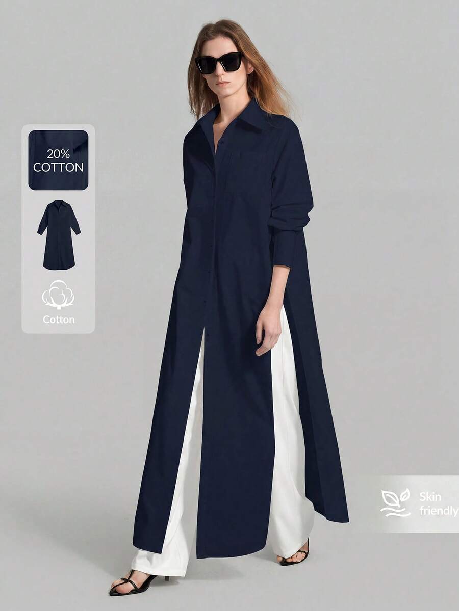Ontre 2026SS新款休閒寬鬆度假套裝襯衫，棕色長版襯衫，女款襯衫，女款鈕扣襯衫，通勤，夏季商務休閒女款度假海灘生日派對套裝，女教師套裝，女款辦公穿搭 - 棕色 - 查看 1