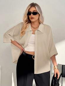 Auralis Plus Size Summer Casual Solid Color Batwing Sleeve Shirt - Apricot - View 6
