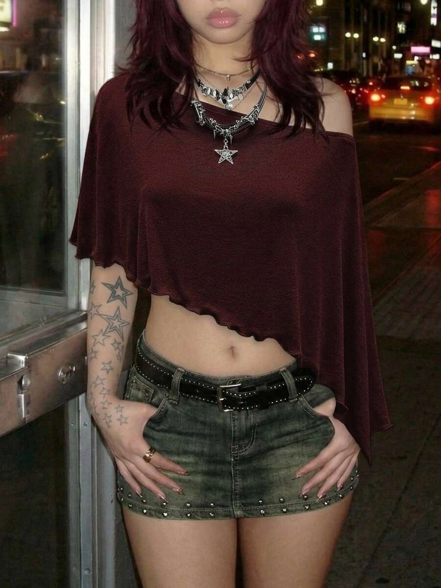 EgrlEra Comfortable Unique Fabric Asymmetrical Shoulder Vacation Style Top - Burgundy - View 1