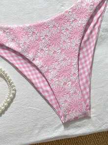 Swim Mod Women's Sweet And Cute Pink Floral Patterned Reversible Bikini Swimsuit Set Vacation Summer Casual,Pink Plaid Seashell Pendant Bikini - Multicolor - View 7