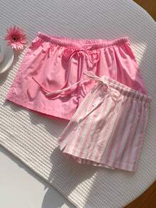 Comfortcana Women's Tie Waist Button Design Casual Cute Shorts Pink Stripe Summer Lounge - Pink - View 4