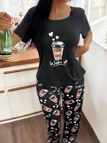 SHEIN Casual Underwear&Sleepwear 咖啡杯印花休閒圓領短袖女款睡衣套裝 - 黑色 - 查看 5