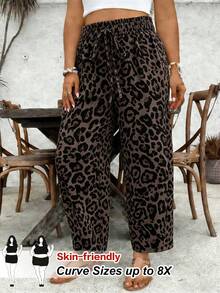 SHEIN CURVE+ Plus Size Women's Loose Leopard Print Striped Casual Pants With Drawstring Waist And Ruffle Hem - Multicolor - View 1