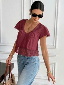 Serisse Women's Casual Solid Color Lace Patchwork Blouse, Summer - Red - View 5