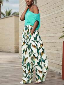 SHEIN Plus Size Women Vacation Floral Print Asymmetrical Shoulder Jumpsuit - Blue - View 2