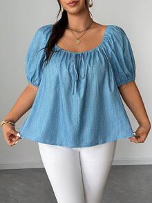 Elenzga Camisa smock con efecto de mezclilla y cuello cuadrado para tallas grandes - Azul - Ver 3