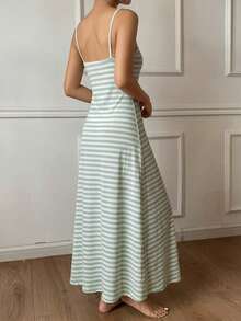 DAZY Striped Pattern Sleeveless Camisole Waist Cinched Dress, Women Summer Nightgown - Green - View 2