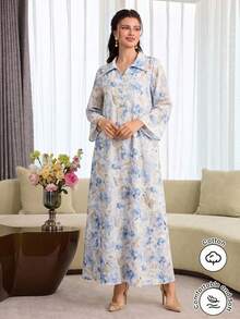 Yasmyna Collared Button-Front Printed Long Shirt, Multi-Color    Contrast Piping Blue Formal Casual Traditional For Women Dress - Blue - View 2