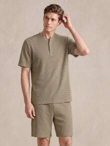 SHEIN Casual Spring Henry Collar Men's Loungewear Set - Khaki - View 5