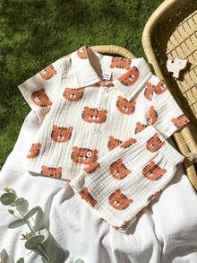 SHEIN Vintaside Kids 新生兒夏季領口短袖時尚可愛休閒襯衫搭配百搭休閒短褲套裝，適合外出、購物、散步、旅行和度假 - 杏色 - 查看 4