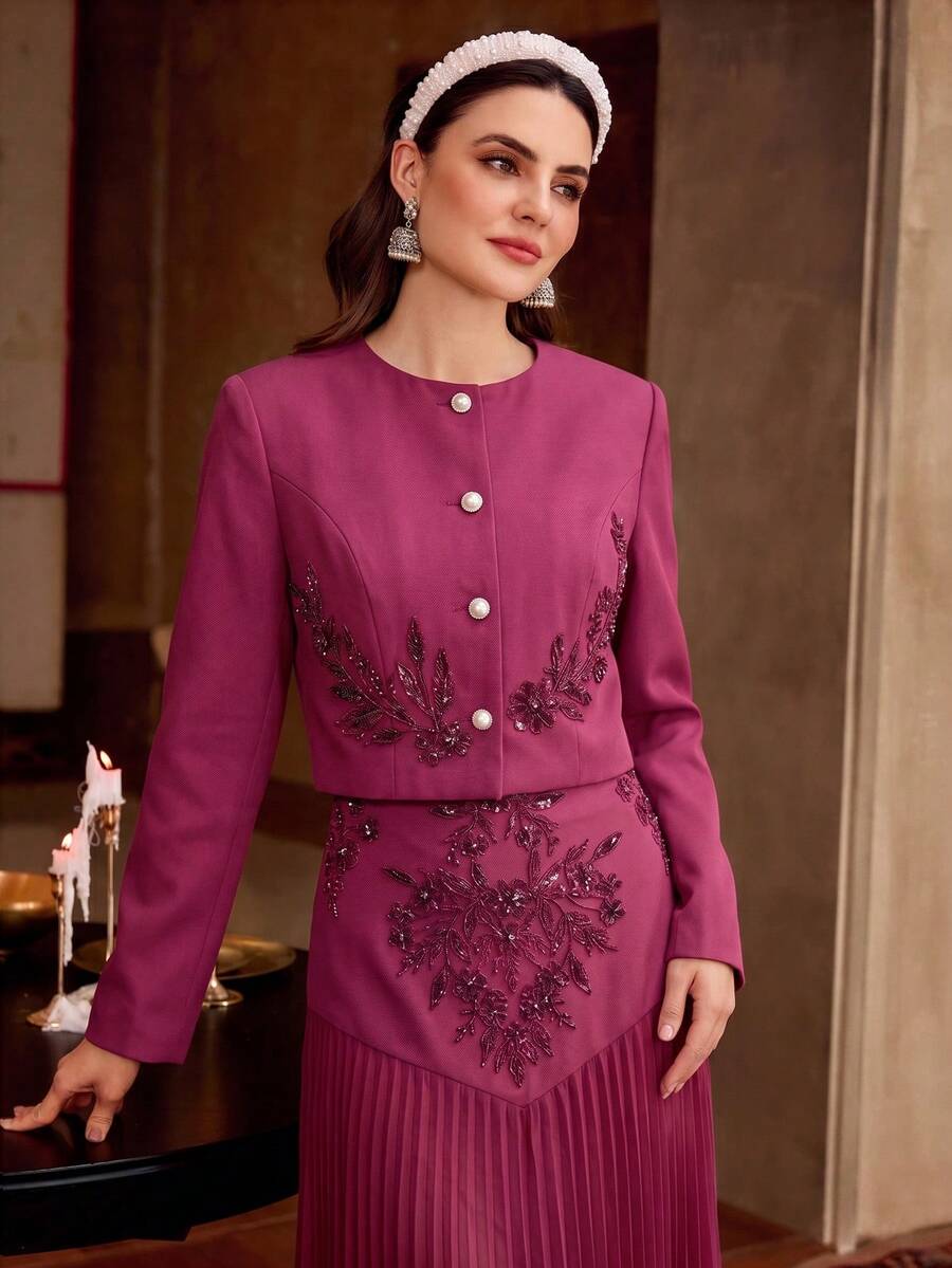 ZEYLAH Veste régulière à manches longues ornée de sequins, boutonnage simple, à la mode pour femmes - Fushia - Voir 1