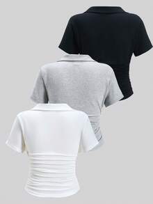 SHEIN 3件組 青少年女孩 Polo領 抓皺腰線 短袖T恤，黑白配色 - 彩色 - 查看 3