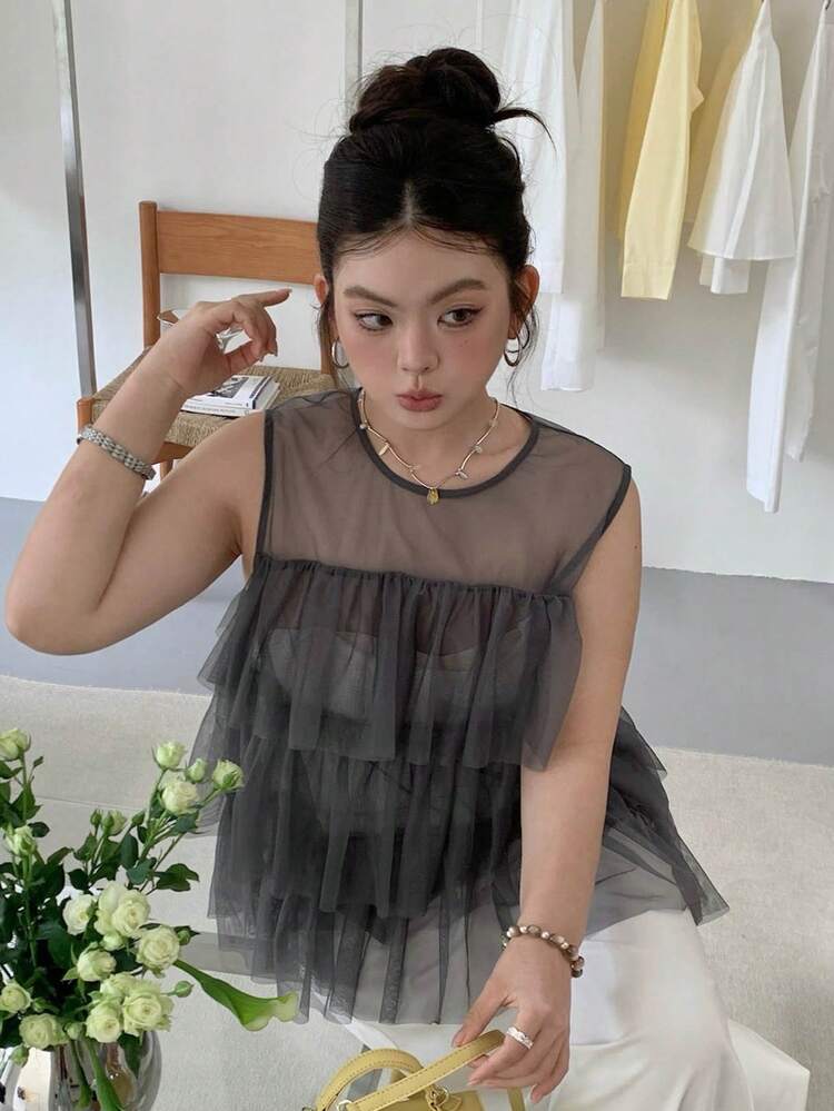 Dazy Plus Solid Color Sheer Mesh Patchwork Ruffle Trim Round Neck Casual Plus Size Sleeveless Blouse For Women, Spring/Summer