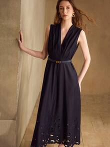 MOTF PREMIUM ELEGANT COMMUTER V-NECK SLIM WAIST DRESS WITH HEAVY EMBROIDERY, PEARL & RHINESTONE DECOR, HOLLOW-OUT, NAVY BLUE, SLEEVELESS, SUITABLE FOR AUTUMN/WINTER - Navy Blue - View 5