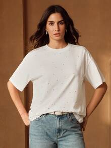 Anewsta Women's Loose Fit Rhinestone Embellished Round Neck T-Shirt, Fresh Summer Style Everyday White Basic Casual - White - View 6