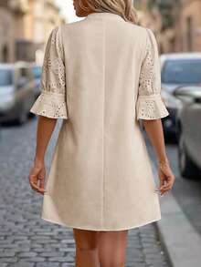 Editum Women's Notched Neck Cutout 3/4 Sleeve Ruffled Hem Eyelet Embroidery Loose Casual Dress, Pure White, Elegant For Daily, Vacation, Commute, Spring/Summer - Khaki - View 10