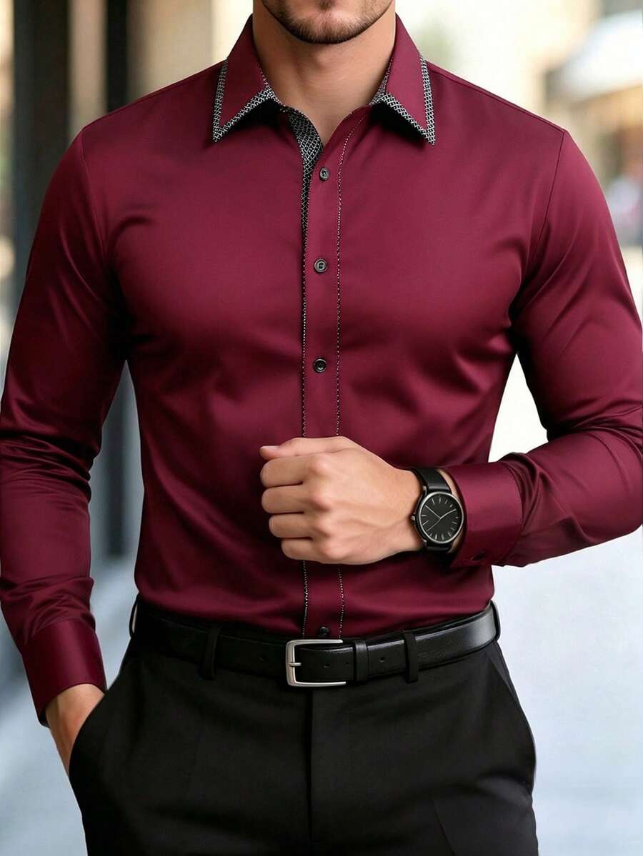 Manfinity Bizformal Áo sơ mi nam dài tay cài cúc phối màu tương phản, áo sơ mi màu đỏ tía, áo sơ mi đỏ đậm, áo sơ mi công sở màu đỏ, áo sơ mi nam màu nâu đỏ, áo sơ mi trang trọng - Màu Đỏ Sâu - Xem 1