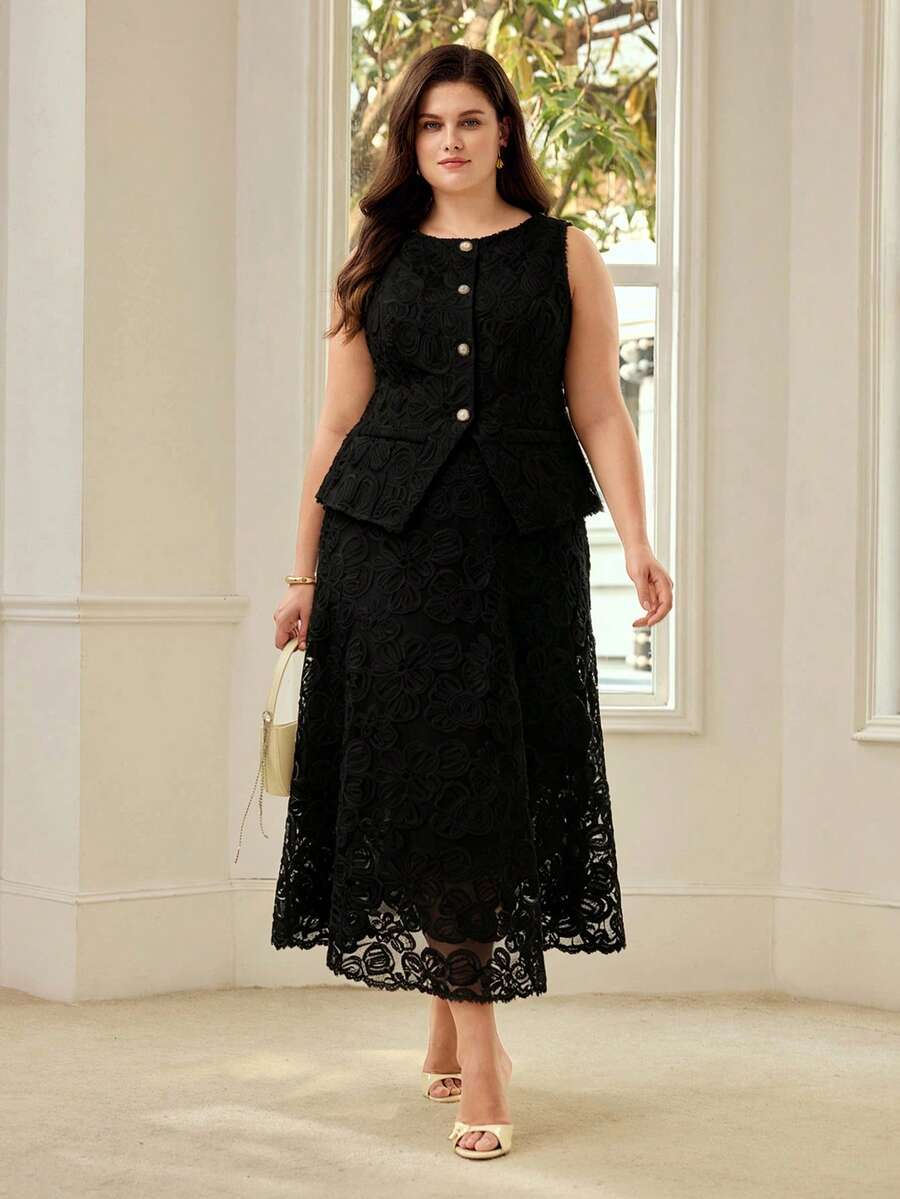MOTF PREMIUM PLUS SIZE WOMEN ELEGANT LACE FRENCH NICHE DESIGN TOP - Black - View 1