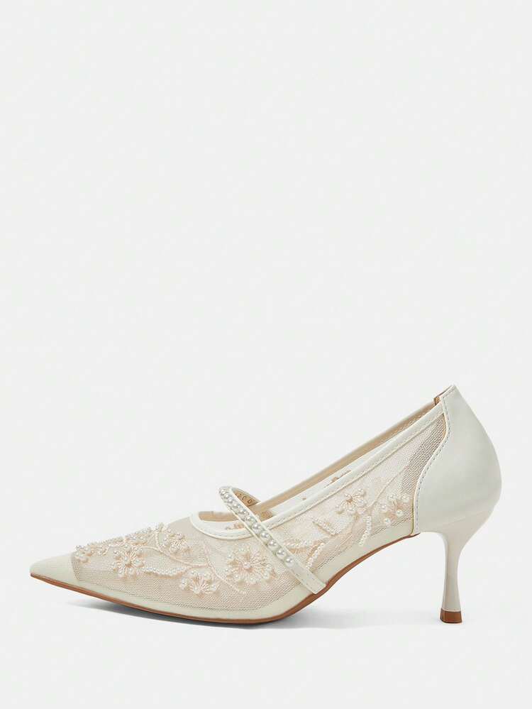 CUCCOO HITCHD Women Shoes Spring/Summer Pointed Head Low Vamp Breathable Mesh Embroidery Pearl Decorative High Heel Shoes, Banquet Dating Wedding Shoes