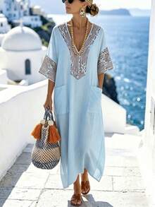 SHEIN LUNE Casual Comfortable Bohemian Style V-Neck Loose Long Dress For Women - Gray Blue - View 3