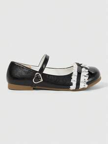 ROMWE Kawaii Scarpe da donna mocassini rosa con punta chiusa Mary Jane piccole scarpe in pelle con fiocco e lacci scarpe Lolita scarpe da danza classica scarpe basse da donna stile anni 2000 - Nero + Pizzo a Pois - Visualizzare 5