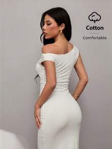 SHEIN PETITE Vestido asimétrico de hombro inclinado con cola de pez extra larga, tela de algodón cómoda, adecuado para citas diarias de verano, viajes, fiestas, ocasiones elegantes, salidas, noches de club, banquetes, mujeres de talla pequeña - Albaricoque - Ver 2