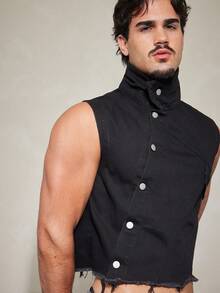 FeverCity Asymmetric Lapel High Neck Design Sleeveless Short Jacket Top - Black - View 5