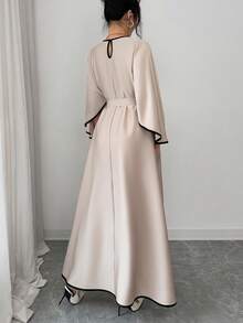 SHEIN Raffinéa Women's Elegant Refined Commuting Outing Date Dress, Batwing Sleeve Cinched Waist Long Khaki Dress, Spring/Summer - Khaki - View 2