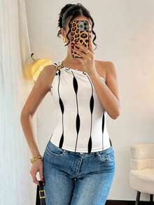 Blusa negra sexy de mujer con un hombro, sin mangas y con pliegues de metal - Multicolor 2 - Ver 4