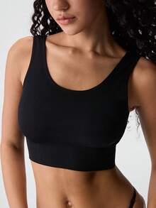 Loungeista Áo tank top crop đen trơn thường ngày có sẵn áo ngực, độ co giãn vừa, thiết kế hở lưng cho nữ, cho mùa hè - màu đen - Xem 7