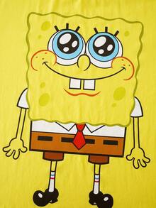 SpongeBob SquarePants | SHEIN بيجامة صيفية مطبوعة جميلة بياقة طاقم وأكمام قصيرة مقاس كبير - أصفر - مشاهدة 3
