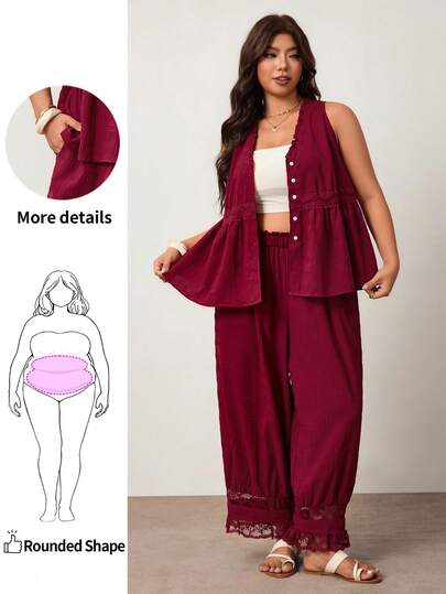 Enliva Bộ đồ nữ cỡ lớn màu đỏ sẫm gồm áo cardigan, áo vest và quần ống loe, viền ren.
