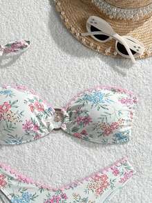 Swim Mod White Bust Metal Decor Shallow Bust Swimwear Top And V-Shape Triangle Bottoms 2 Pieces Set Golf Summer Sexy - Multicolor - View 6