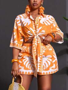 Veslaya Spring/Summer New Loose Short Sleeve Shirt Top & Shorts 2 Pieces Party, Sunbathing, Plus Size - Orange - View 6