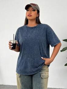 Solflare Plus Size Acid Washed Look Vintage Knitted Distressed Loose Fit Short Sleeve T-Shirt - Navy Blue - View 3