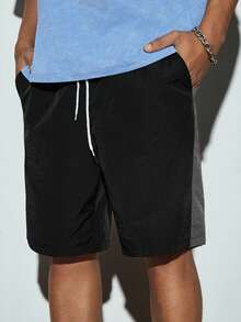Modcrash Pantalones cortos deportivos casuales unisex de verano con cintura elástica, cordón y diseño de patchwork de color contrastante - Negro - Ver 6