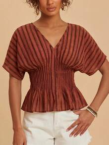 Travachic Top de mujer para vacaciones con estampado a cuadros, cintura fruncida, bajo con volantes y mangas de murciélago - Rojo - Ver 5
