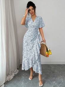 Elenzga Women's Elegant Casual Small Ditsy Floral Wrap V-Neck Ruffle Sleeve Irregular Hem Maxi Dress, Spring/Summer - Baby Blue - View 3