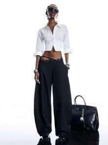LYSMO 2026 New Arrive Minimalism Spring/Summer Women's Designer French Lace Patchwork Tie-Up Pocket Fashion Trousers - Black - View 3