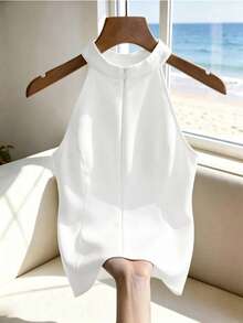 GlowEve CURVE Plus Size Women Solid Color 3D Floral Decor Pleated Halter Blouse Party Vacation Wedding Guest All White Summer - White - View 2