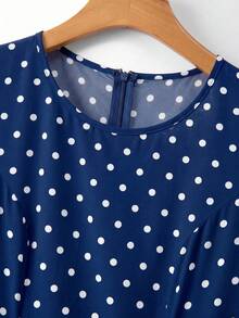 SHEIN Franclia Women's Woven Polka Dot Round Neck Short Sleeve A-Line Elegant Long Summer Dress - Navy Blue - View 5