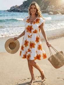 SHEIN Holidaya 女款新款優雅性感洋裝，適合辦公室、休閒、海灘、通勤、浪漫派對、生日、音樂會、情人節、嘉年華等場合；女款夏季新款V領荷葉邊無袖對比色印花短洋裝，荷葉邊下擺洋裝、荷葉邊洋裝、吊帶洋裝、寬鬆洋裝、女款度假洋裝、V領印花洋裝、花卉印花洋裝、對比色印花洋裝、可愛洋裝 - 橘色 - 查看 6