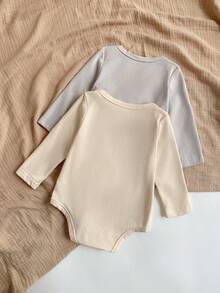 Newborn Baby Solid Color Round Neck Long Sleeve Romper Pajamas - Multicolor - View 2