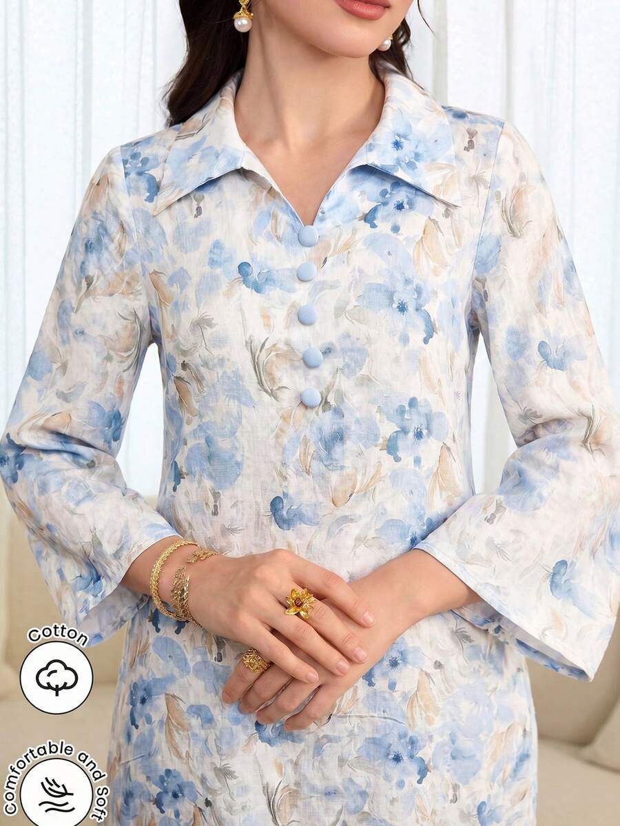 Yasmyna Collared Button-Front Printed Long Shirt, Multi-Color Contrast Piping Blue Formal Casual Traditional For Women Dress - Blue - View 1