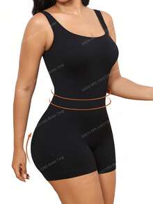 SHEIN BAE CURVE Plus Size Solid Shapewear Casual Comfy Strong Level Medium Stretch Unitard Romper - Black - View 4