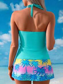 Swim Lushoire Women's Coconut Tree Print Metal Accessory Conservative Tropical Tankini Beach Club Vacation Turquoise Summer - Mint Blue - View 2