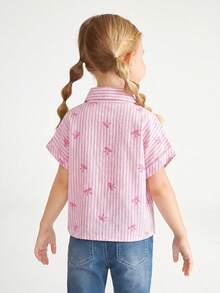 SHEIN Camisa casual con hombros caídos, estilo minimalista, de tejido suelto y con rayas, con lazo delantero para niña joven - Rosa - Ver 2