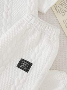 Cozy Pixies Young Boy Patch Round Neck Short Sleeve Polo Shirt And 3D Cable Knit Casual Long Pants Set - White - View 4